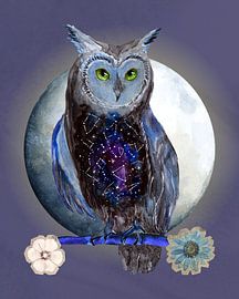 Une chouette fantaisiste sous la pleine lune – Décoration murale magique pour enfants sur Fuzzy Stardust Studio