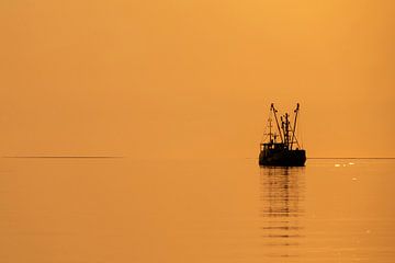 Fishing boat at sunset at the Brouwersdam by Annelies Cranendonk