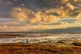 Vlieland. Wanderer geht bei Ebbe über das Watt. von Frans Lemmens