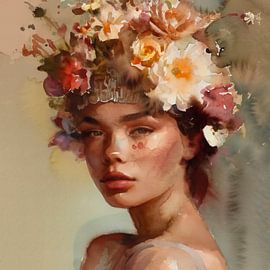 Vrouwenportret met bloemen – aquarel schilderij