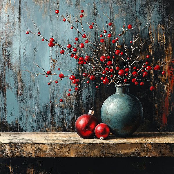 Noël rouge avec vase bleu par Caprices d'Art