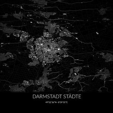 Zwart-witte landkaart van Darmstadt Städte, Hessen, Duitsland. van Rezona