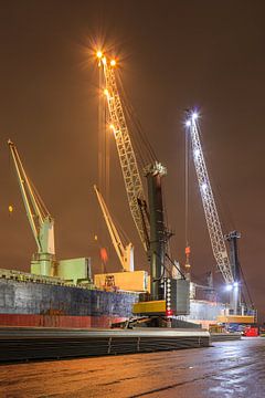 Verlichte dijk met enorme kranen Haven van Antwerpen