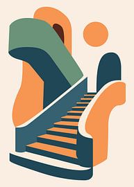 Minimalist illustration poster of colorful abstract architectural staircases with arches and sun in boho style. by Adam Khabibi