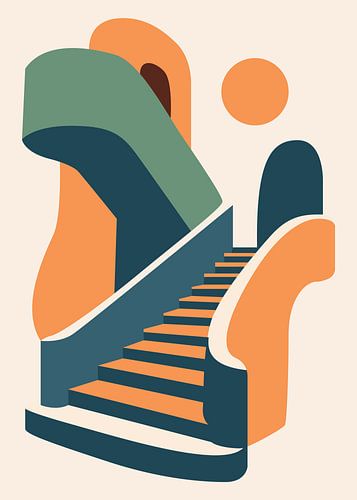 Minimalistische illustratieposter met kleurrijke, abstracte architecturale trappen met bogen en een zon in boho-stijl.