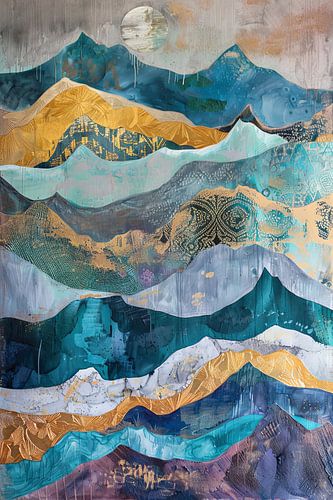 Berglandschap in blauw en goud - Abstracte harmonie