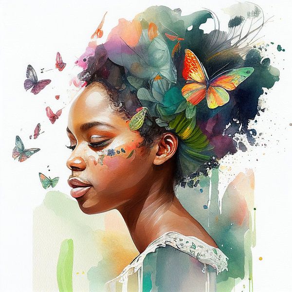 Aquarell Schmetterling Afrikanische Frau #3 von Chromatic Fusion Studio