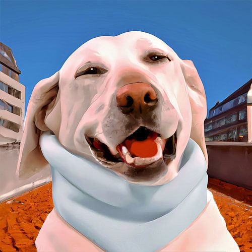 Grappig close up portret van een blije Labrador met trui aan