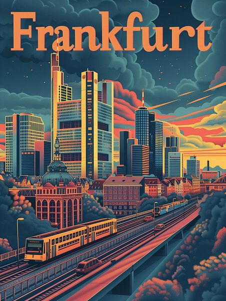 Dämmerung Frankfurt: Retro-Stadtbild Rail Art Print von Travel Shop