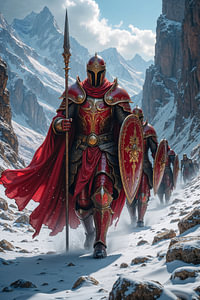 Dark Fantasy Wandbild: RUBRION – Die Ritter der Roten Garde im Gebirge
