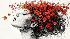 Woman with red maple leaves in her hair by Frank Heinz