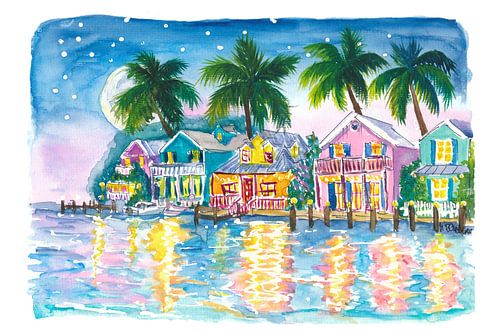 Florida Keys Waterfront Houses glow brightly at night