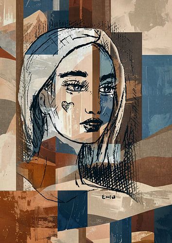 Mixed media - portret vrouw - hartje tattoo op gezicht - bruin blauw en beige