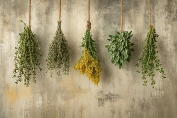 Cinq bouquets d'herbes sur cordon sur Imperial Art House