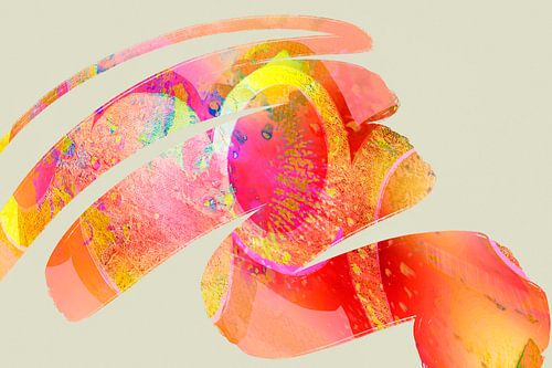 Lijntekening in saliegroen, roze en geel.