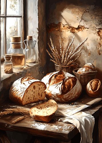 Rustiek brood op een houten plank bij het raam