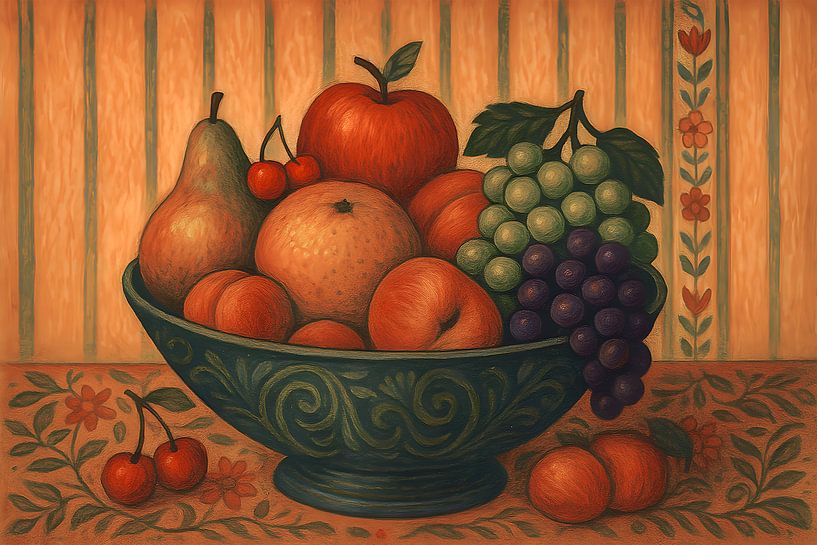 Nature morte d'une corbeille de fruits en peinture de style Boho. par Johannes