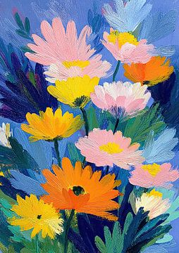 Impressionistische bloemenzee op blauw
