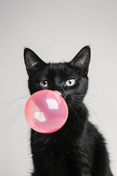Zwarte kat blaast roze kauwgombel op lichte achtergrond van Poster Art Shop
