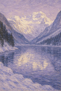 Impressionistischer verschneiter Morgen über dem See - Gelassenheit in den Bergen im Monet-Stil