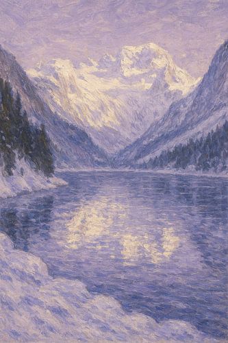 Impressionistische besneeuwde ochtend boven het meer - Monet-stijl bergsereniteit