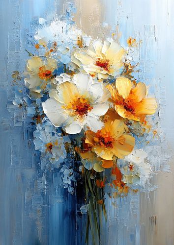Gele en witte bloemen - Abstract olieverfschilderij