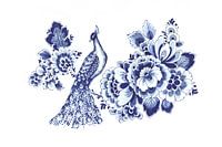 Flaunting Green Peacock with Floral. Fantasy in Delfts Blue.