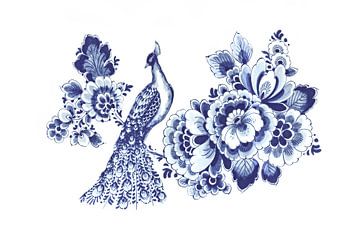 Flaunting Green Peacock with Floral. Fantasy in Delfts Blue. by Alie Ekkelenkamp