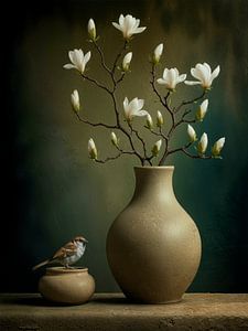 Zeitloses Stillleben einer Vase mit Magnolie und Vogel