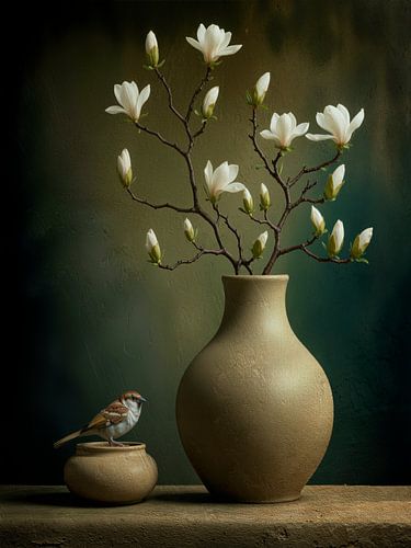 Timeless still life of Vase with Magnolia and bird