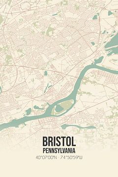 Vintage landkaart van Bristol (Pennsylvania), USA. van MijnStadsPoster