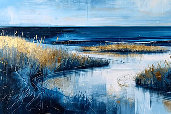 Golden dunes by the deep-blue sea – a modern landscape with golden accents
