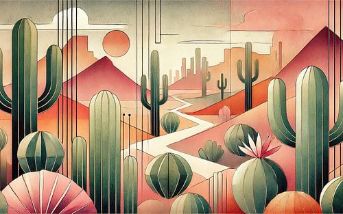 Cactus Zonsondergang Uitzicht in Art Deco