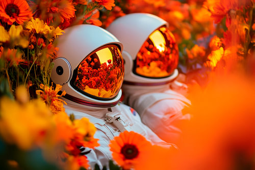 Astronauten in het bloemenveld