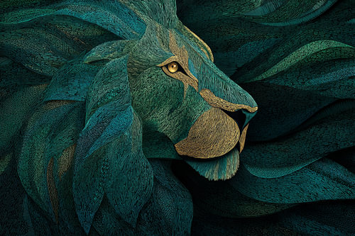 Lion en bleu sarcelle et doré clair