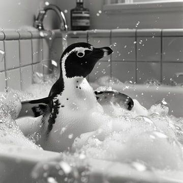 Cheerful penguin in the bath - an enchanting bathroom picture for your WC by Felix Brönnimann