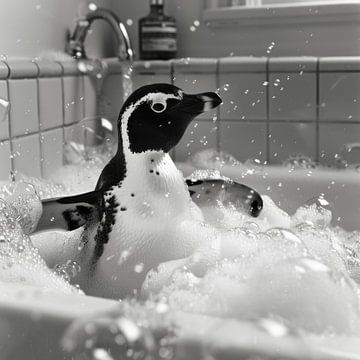 Fröhlicher Pinguin in der Badewanne - Ein bezauberndes Badezimmerbild für Ihr WC von Felix Brönnimann