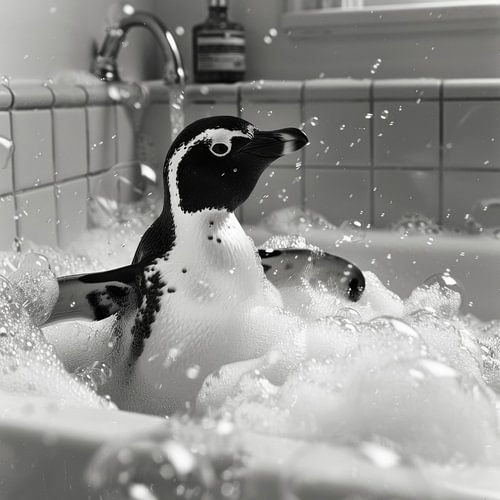 Vrolijke pinguïn in bad - een betoverende badkamerfoto voor je WC