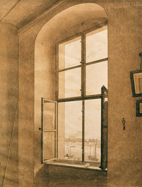 Uitzicht vanuit het atelier (linkerraam), Caspar David Friedrich - ca. 1805 van Het Archief