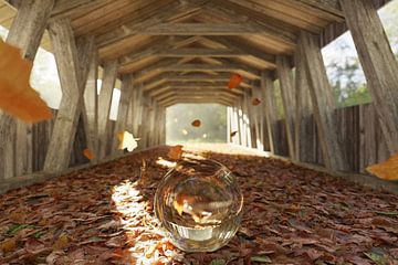 Glaskugel auf Laubmeer unter einer Holzbrücke im herbstlichen Sonnenschein von Besa Art