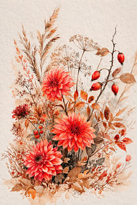 Stimmungsvolles Herbststillleben mit Dahlien'n und Hagebutten