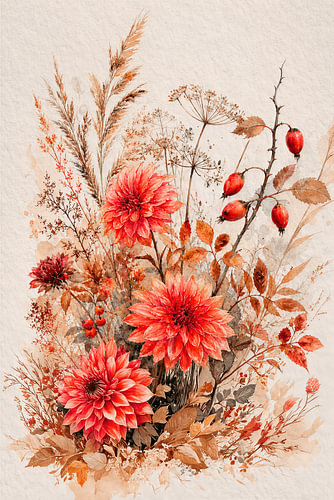 Stimmungsvolles Herbststillleben mit Dahlien'n und Hagebutten