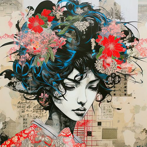Vrouwenportret bloemen collage Japans