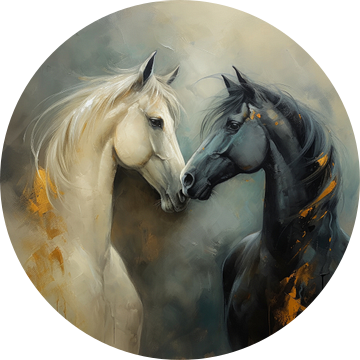 Paardenliefde: een wit en zwart paard met de hoofden naar elkaar gericht van Studio Allee