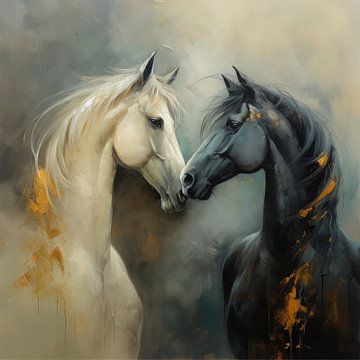 Paardenliefde: een wit en zwart paard met de hoofden naar elkaar gericht van Studio Allee