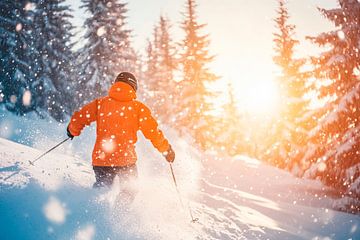 Skiërs in het besneeuwde winterbos van Poster Art Shop