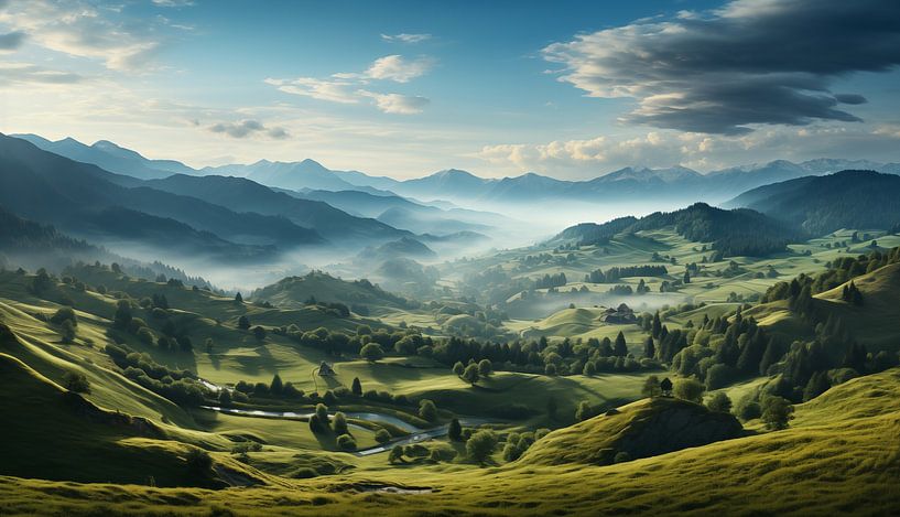 Panorama Jura Gebergte Groene natuur met bergen in de mist van Animaflora PicsStock