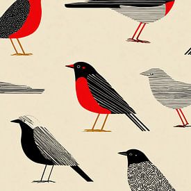 Oiseaux graphiques en noir et rouge – Impression Mid-Century sur Lauren Wilde