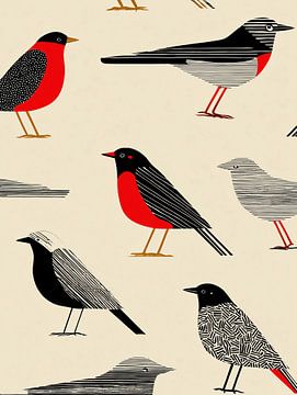 Graphic birds in black and red – Mid-Century Print