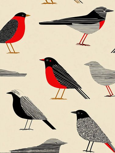 Grafische vogels in zwart en rood – Mid-Century Print